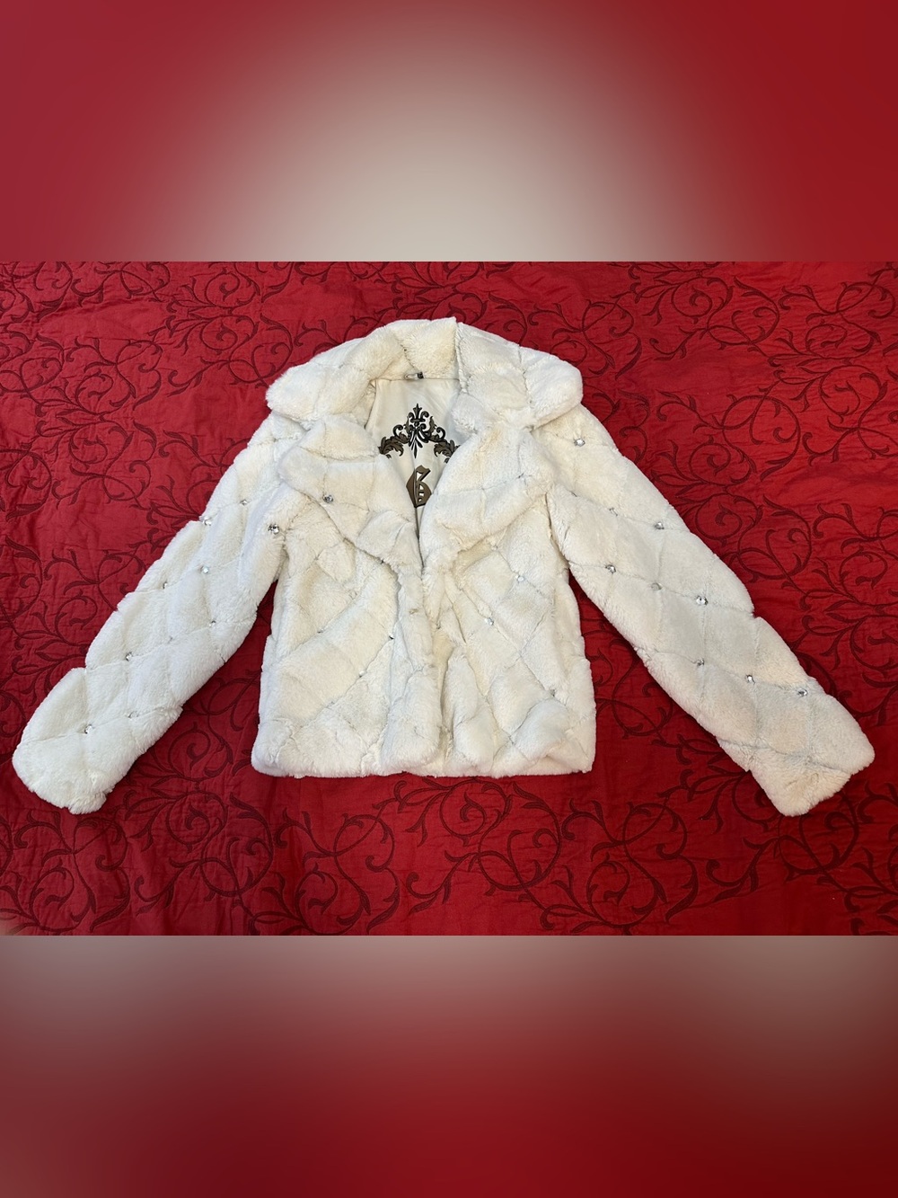 Guess Cream Faux Fur Teddy Jacket with Crystal Accents